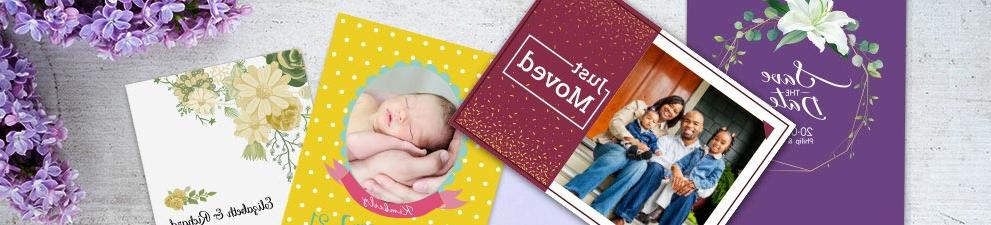 collection of personalized photo invitations and postcards to announce a move, wedding, baby, and other special life event.