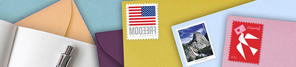 Assortment of colored envelopes with the Love, Waterfalls, and U.S. Flag First-Class Mail Forever stamps.